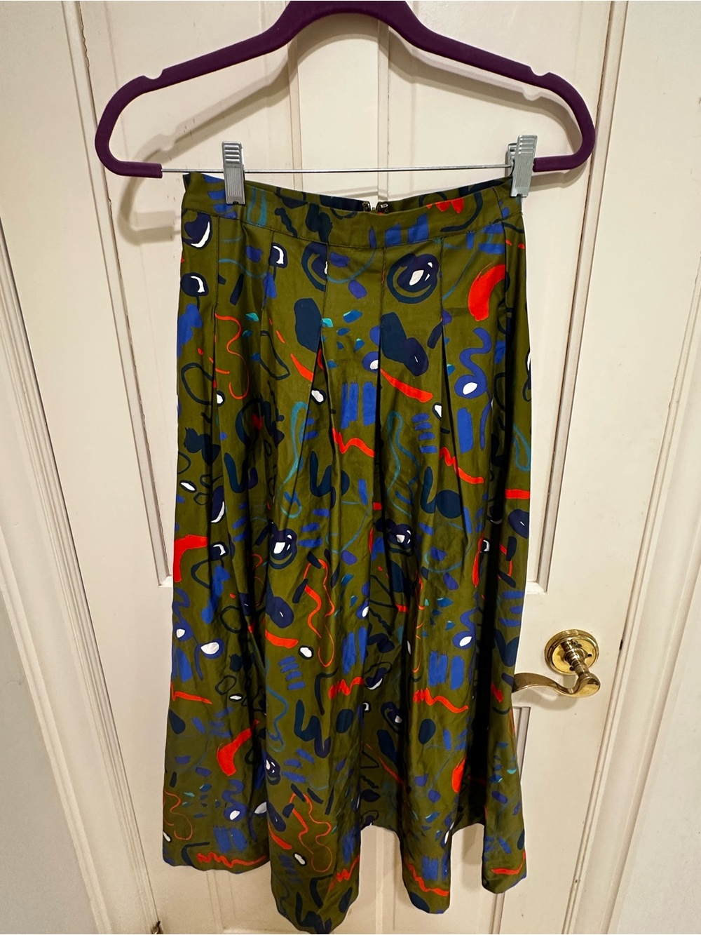 HUNTER BELL Olive Green Midi Skirt with Blue and Red Abstract Print - Picture 3 of 6
